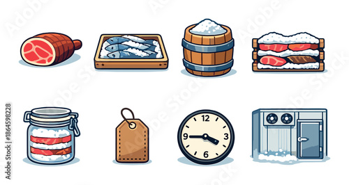 Illustrated icons of food preservation methods: meat, fish, and freezing techniques