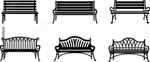 Park bench silhouette collection, outdoor garden seating furniture set, classic iron wooden benches illustration, black minimalist public space design