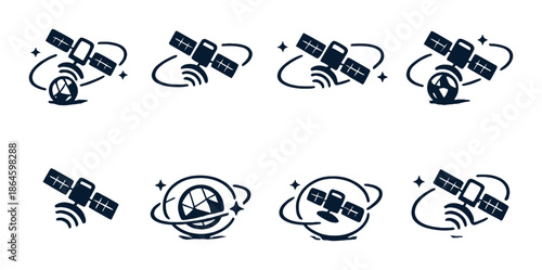 Set of satellite icons on gradient background featuring orbit and signals