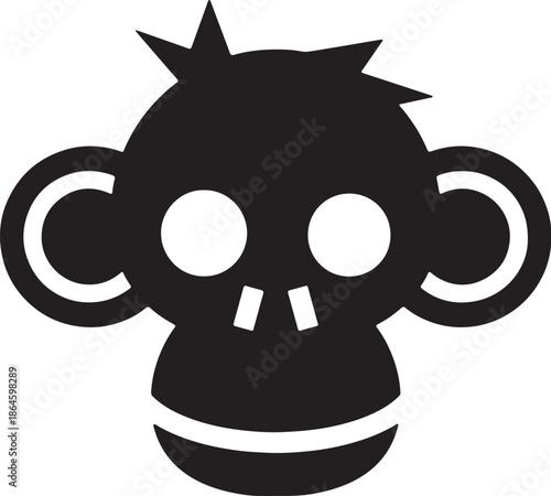 Black silhouette of a monkey face on transparent background animal primate cartoon illustration icon symbol graphic design cute funny expression eyes ears nose mouth simple