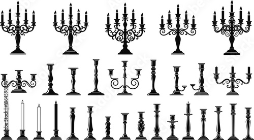 Set of vintage candelabras and antique candlesticks, elegant black silhouette vector illustrations, ornate gothic candle holders, classical interior decor elements, isolated on white background.