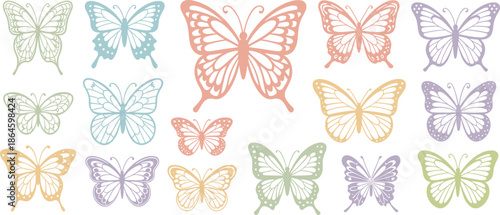 Pastel butterfly collection with ornate filigree wing patterns, decorative summer insect set for nursery wall art, stickers and whimsical design