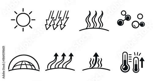 Weather and thermodynamics icons: sun, wind, heat, molecules, thermometer