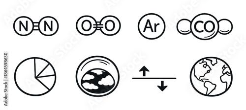 Atmospheric gas symbols with earth and weather icons on gray background