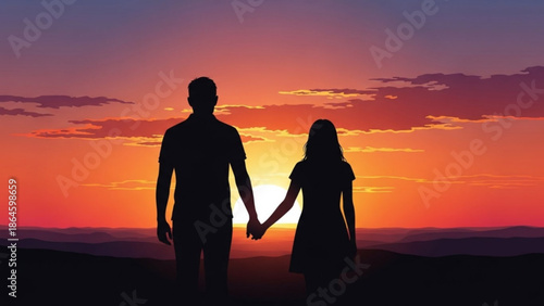 A romantic silhouette of a loving couple holding hands together against a breathtaking sunset sky on a hilltop.