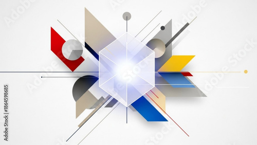 Vibrant geometric shapes in red, blue, yellow, and gray, forming an abstract composition with lines and spheres on a white background, conveying dynamic energy and modern