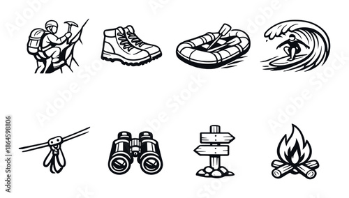 Adventure icons: hiking, rafting, surfing, camping, and more