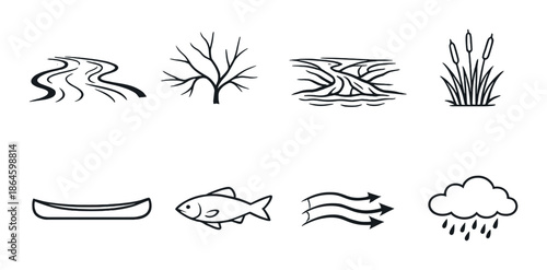 Nature elements and symbols: river, tree, stream, reeds, canoe, fish, wind, rain