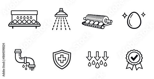 Water purification icons set: filtration, shower, egg, pipe, shield, quality check