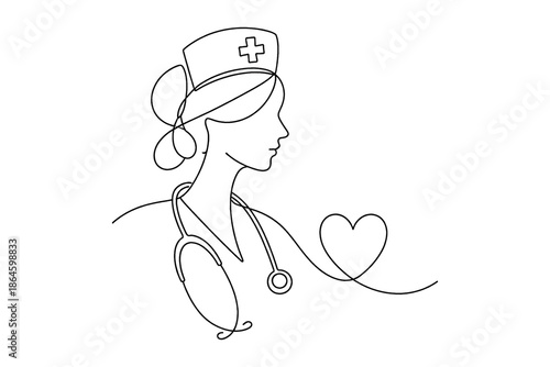 Nurse Profile with Stethoscope Heart Line Minimal Healthcare Line Art Illustration