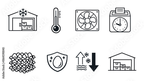 Icons representing cold storage, temperature control, fans, timers, eggs, moisture protection, and warehouse storage