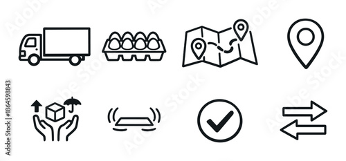 Logistics and delivery icons: truck, eggs, map, location, handling, automation, check, arrows