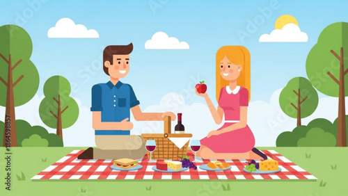 A happy flat design couple enjoys a delightful summer picnic together in a vibrant green park setting.