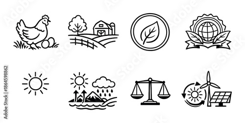 Sustainability icons collection: agriculture, renewable energy, nature symbols