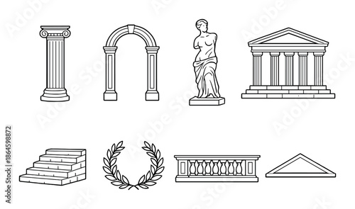 Ancient greek architecture icons: columns, temples, statues, arches, laurel wreath, staircases
