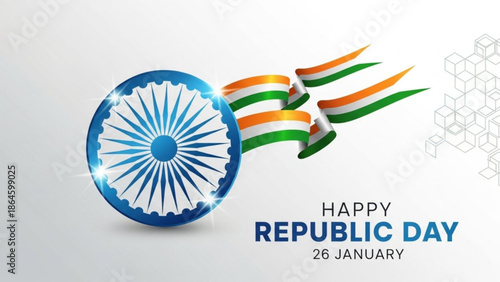 Indian republic day celebration with flag and emblem on white background with text happy republic day 26 january with patriotism and nationalism