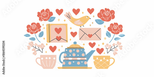 A charming floral arrangement with a bird hearts and tea set illustration