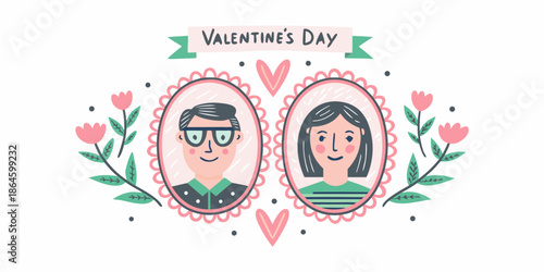 A charming valentine s day illustration featuring a couple in ornate frames with flowers