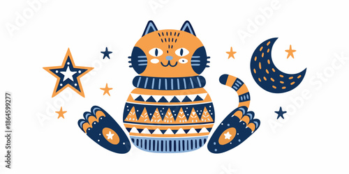 Cute cartoon cat with stars moon and cozy winter sweater design