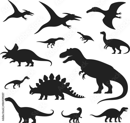 Prehistoric Dinosaur Vector Silhouette Set, Featuring T-Rex, Triceratops, Flying Pterodactyl, and Herbivorous Species for Children's Educational Graphics