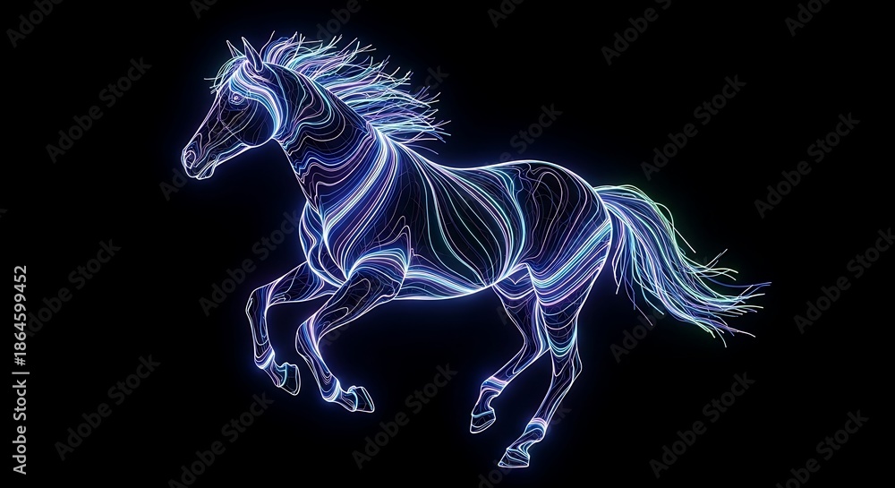 Fototapeta premium Digital illumination outlines a powerful equine figure against a dark background