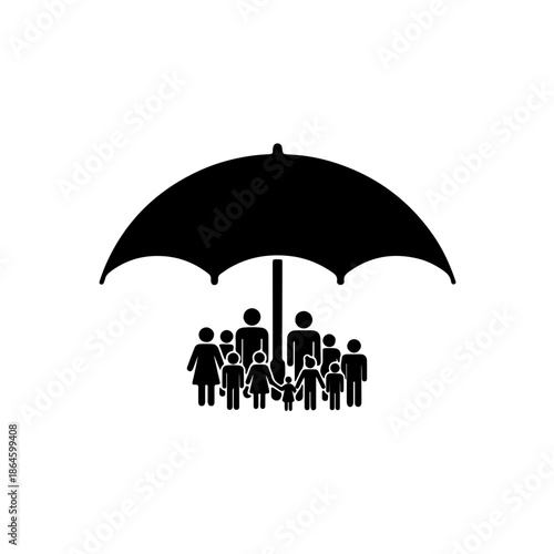Large umbrella protecting a diverse group of people icon. black and white vector illustrating a shelter for adults, children, and elderly, symbolizing social protection, safety, and humanitarian aid