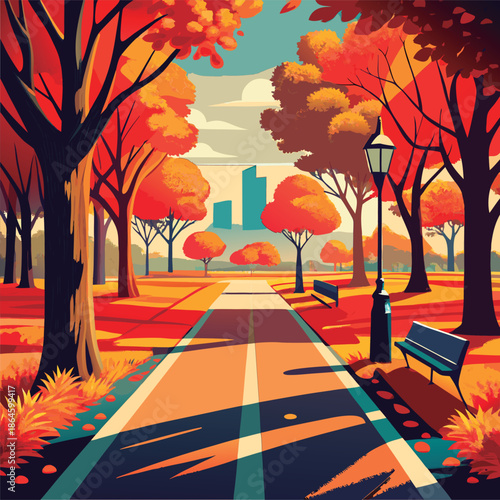 Autumn park path with colorful trees.