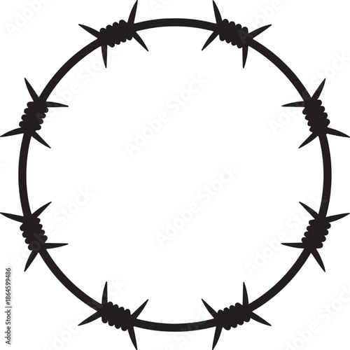A circle made of black barbed wire on transparent background fence prison jail security danger warning barrier border sharp pointy spiky silhouette icon symbol isolated