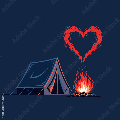 A romantic camping scene with a heart shaped flame rising from the campfire