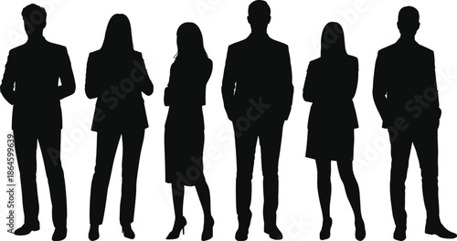Professional business people silhouettes set featuring diverse corporate team members in formal suits standing for leadership and successful company partnership