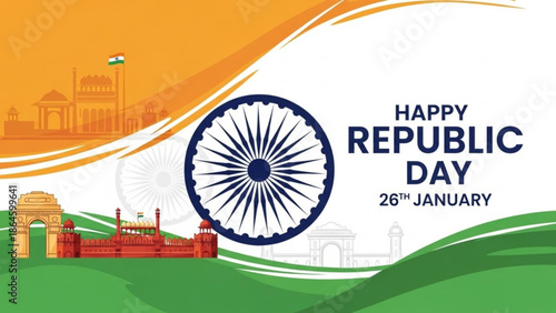 Indian republic day celebration graphic with ashoka chakra and monuments with national holiday and patriotic and festival and symbol and flag