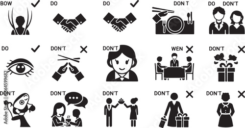 Black and white do's and don'ts icons for business etiquette