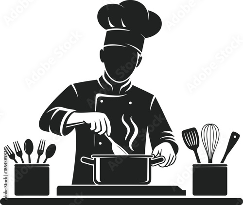Professional Chef Cooking Silhouette Vector Graphic, Preparing a Meal with Kitchen Utensils, Ideal for Restaurant Branding, Logo, and Menu Design Elements
