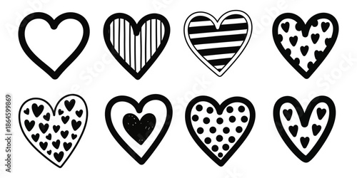 Vector illustration of a red heart shield icons set featuring romantic Valentine's Day symbols and decorative passion shapes for holiday design
