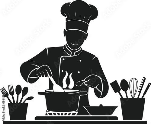 Professional Chef Cooking Silhouette Vector, Preparing Food in a Pot with Steam, Surrounded by Kitchen Utensils for Restaurant Logo and Menu Design