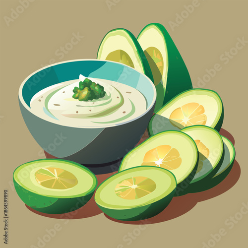 Avocado dip with sliced avocados.