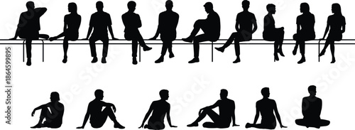 People silhouettes sitting and relaxing together, casual group poses, anonymous men and women figures isolated on white background, studio contrast