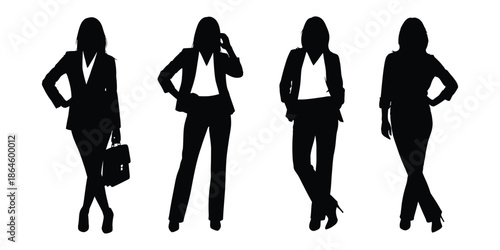 A stylish group of fashion girls and business women silhouettes walking in black vector outline shapes, featuring elegant beauty models and people shopping in a modern illustration style