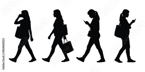 Vector illustration of silhouettes of people and fashion girls walking with shopping bags featuring a business lady in a stylish dress and a model in a black clothing pose