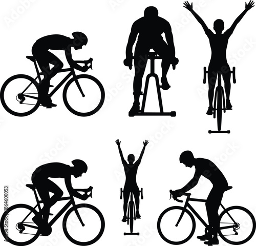 Professional Cycling Silhouette Collection Featuring Road Bike Racers Indoor Stationary Training Exercise Bicycles and Athletes Celebrating Victory With Raised Arms Success