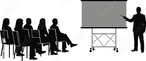 Business presentation silhouette with presenter pointing at screen, seated audience attending corporate seminar meeting vector illustration isolated white background design