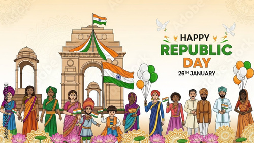 Indian republic day celebration scene with diverse people and gateway of india arch, balloons and flowers, traditional attire with Indian flag