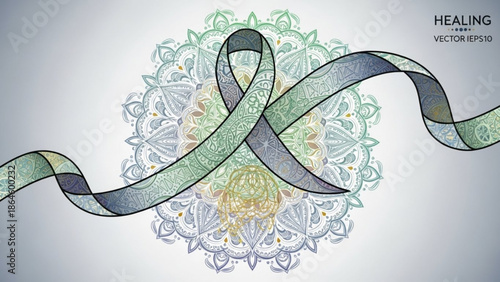 Ribbon with mandala pattern for healing and awareness vector illustration for medical or wellness concepts isolated on gradient bac