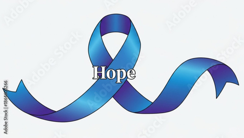 Blue ribbon with the word Hope written on it symbolizing support and awareness for causes isolated on white