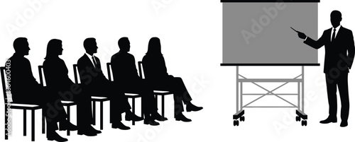 Business presentation silhouette showing speaker addressing seated audience, corporate training seminar meeting concept vector illustration isolated on white background design
