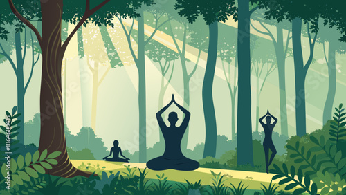 Digital detox vector of yoga meditation in forest environment faceless human figures natural balance