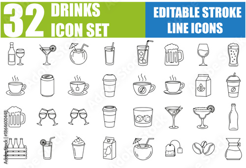 Drinks Icon Set - Wine, Cocktail, Beer, Juice, Coffee, Tea, Milk, Water, Champagne, Whiskey, Martini, Beverages, Alcohol, Non-Alcoholic, Bar, Restaurant and More - Editable Stroke Line Icons, Vector I