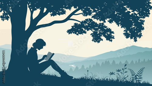 Digital detox vector showing person silhouette reading a paper book under a tree peaceful outdoor lifestyle