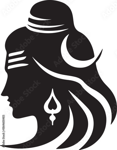 Hindu god Shiva profile silhouette with crescent moon on transparent background trident earring head face hair icon symbol religion mythology india asian black white simple