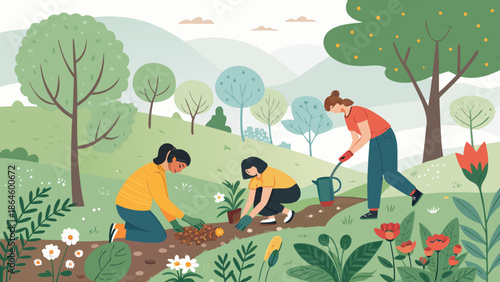 Digital detox concept illustration of people gardening plants soil and tools eco lifestyle